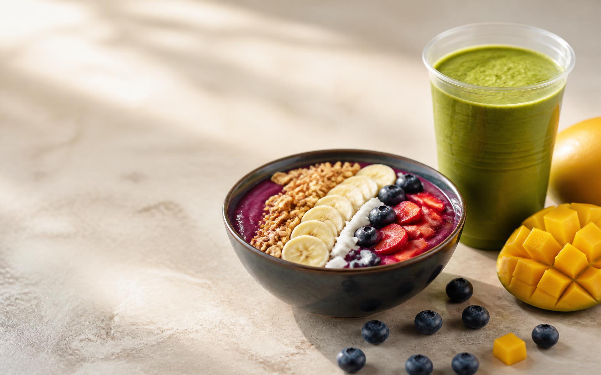 Açaí smoothie bowl with granola and berries beside a fresh green smoothie