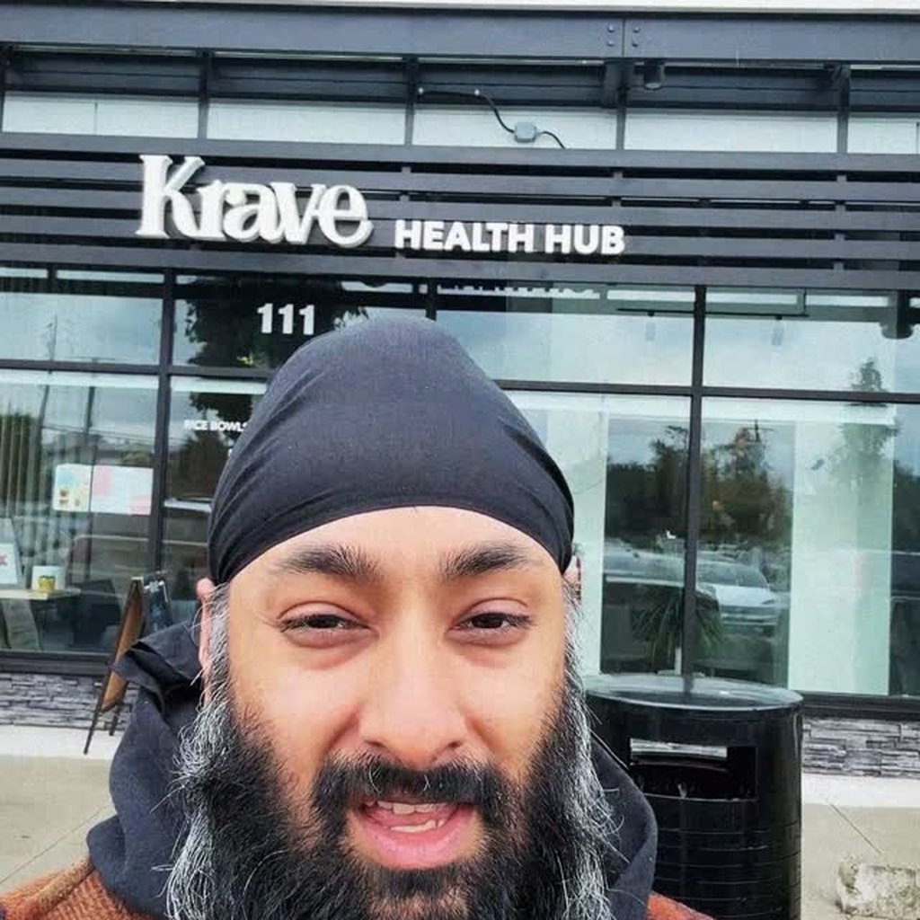 Singh Beans founder outside Krave Health Hub, now serving Pacific Roast coffee