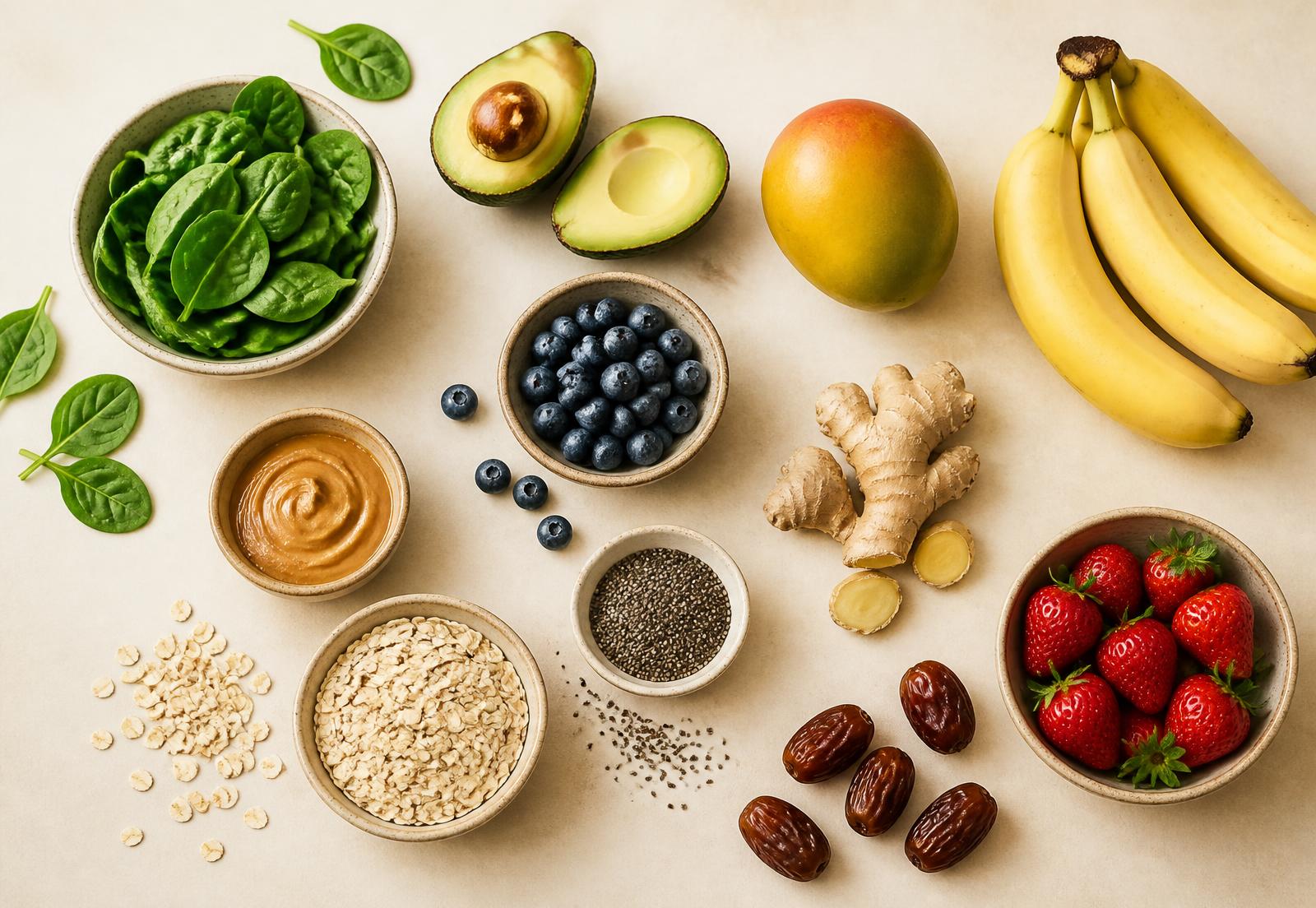 Fresh fruit, greens, oats and seeds laid out on a cream surface
